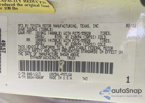 2012 Toyota Tundra Limited 5.7L V8 z USA, uszkodzony, nr VIN 5TFHW5F16CX236274